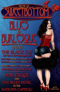House of Sweetbottom Blues and Burlesque flyer by Steven Warrick with art by Karina Dale.  Original reference photo by Stereo Vision Photography.